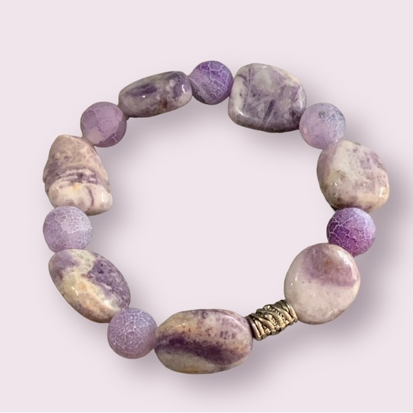 Hand Crafted Jewelry - Handcrafted Amethyst & Heat Cracked Agate Gemstone Stretch Bracelet